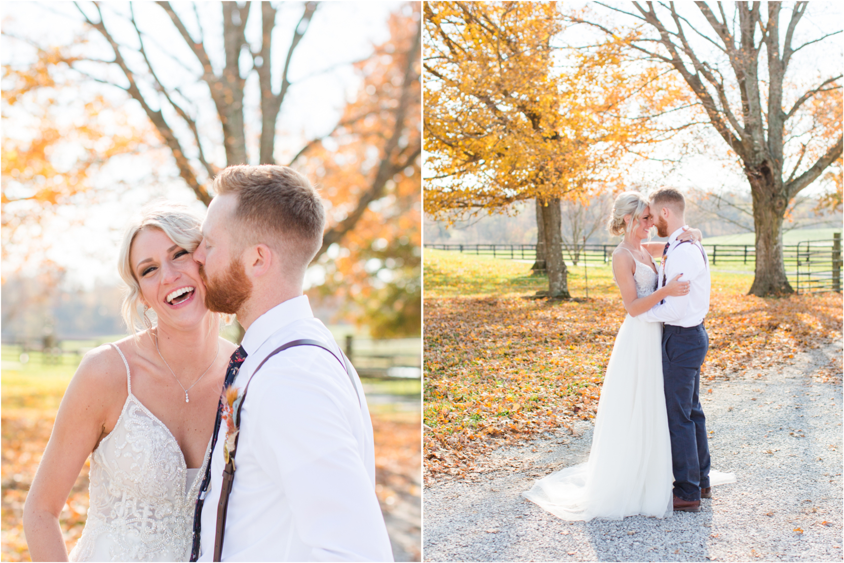 Bride and Groom Portraits Fall Leaves Louisville Wedding Photography Barn At Twin Lakes