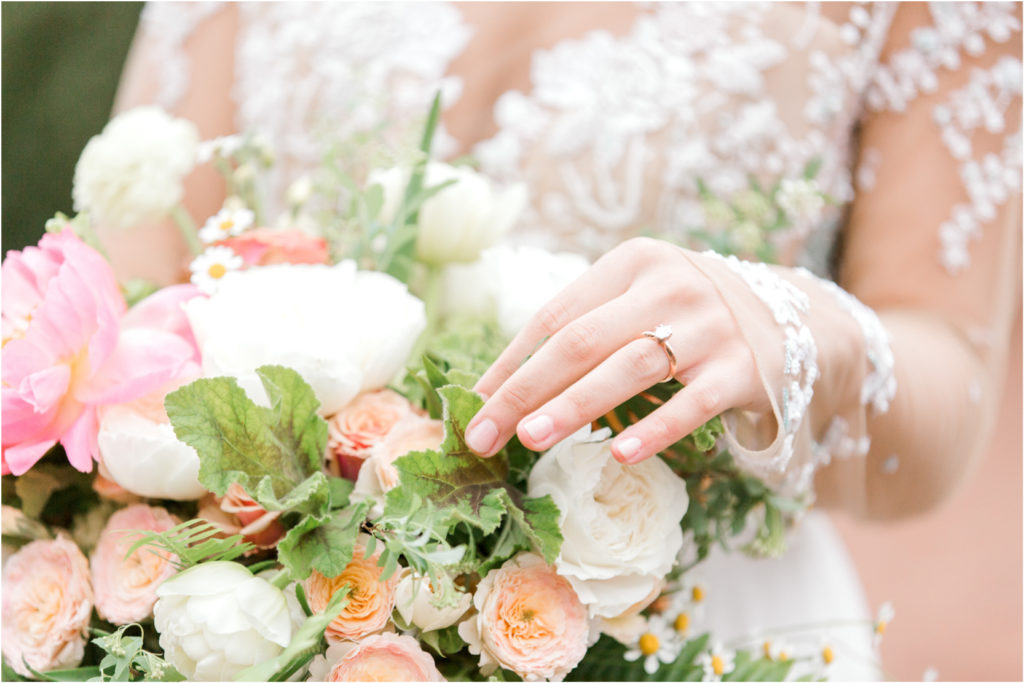 Bohemian Spring Wedding Inspiration Prink and Organge Blooms Lace Dress