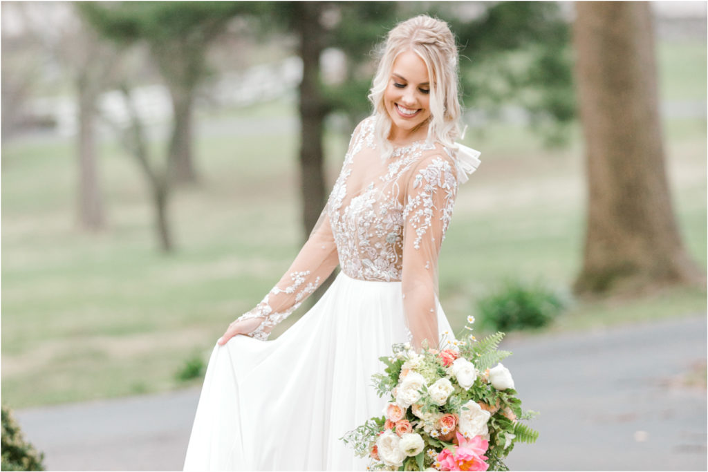 Bohemian Spring Wedding Inspiration Prink and Organge Blooms Lace Dress