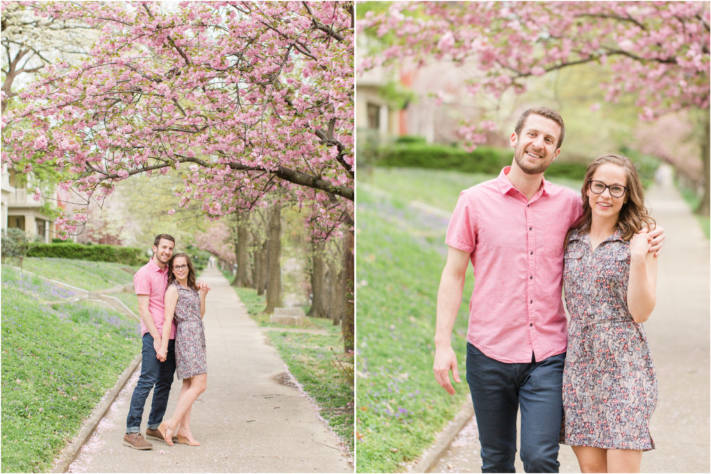 Spring-Falling-Petals-Pink-Blooms-Louisville-Highlands-Engagement-Session