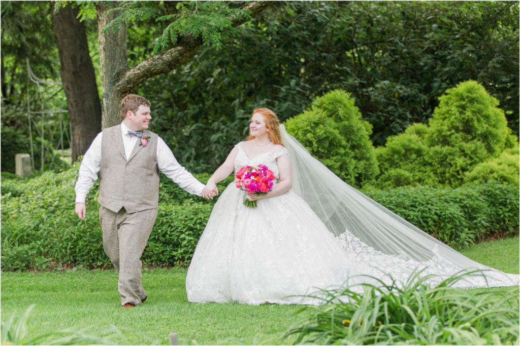 Bride and Groom Portraits in the Gardens at Ray Eden Peony Bouquet