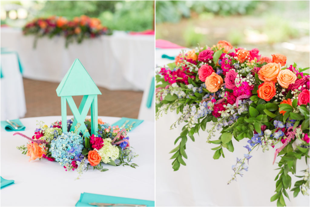 Reception Decorations Gardens at Ray Eden Teal Coral Pink Florals
