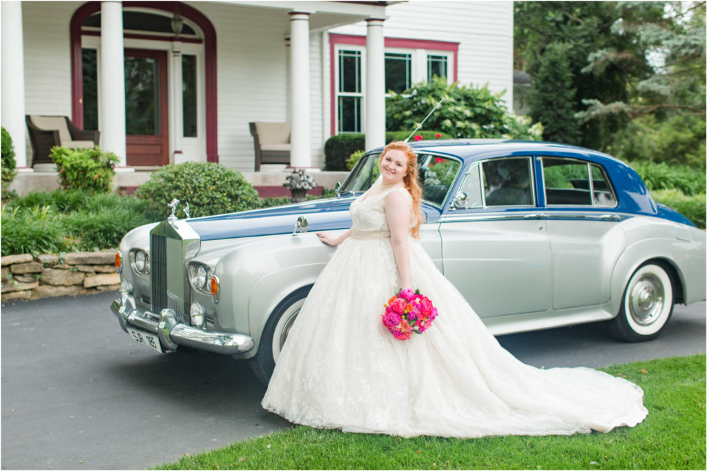 Gardens at Ray Eden Vintage Car Wedding Portraits Pink Peony Flowers