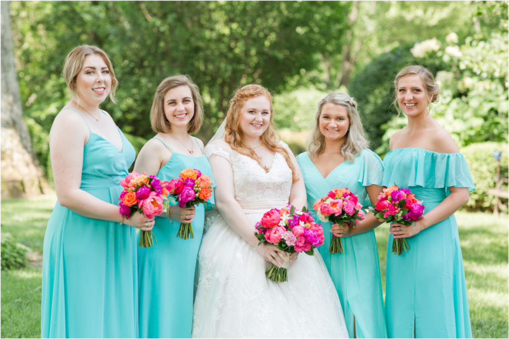 Bride and Bridesmaids Pink Coral Peony Bouquet Teal Dresses