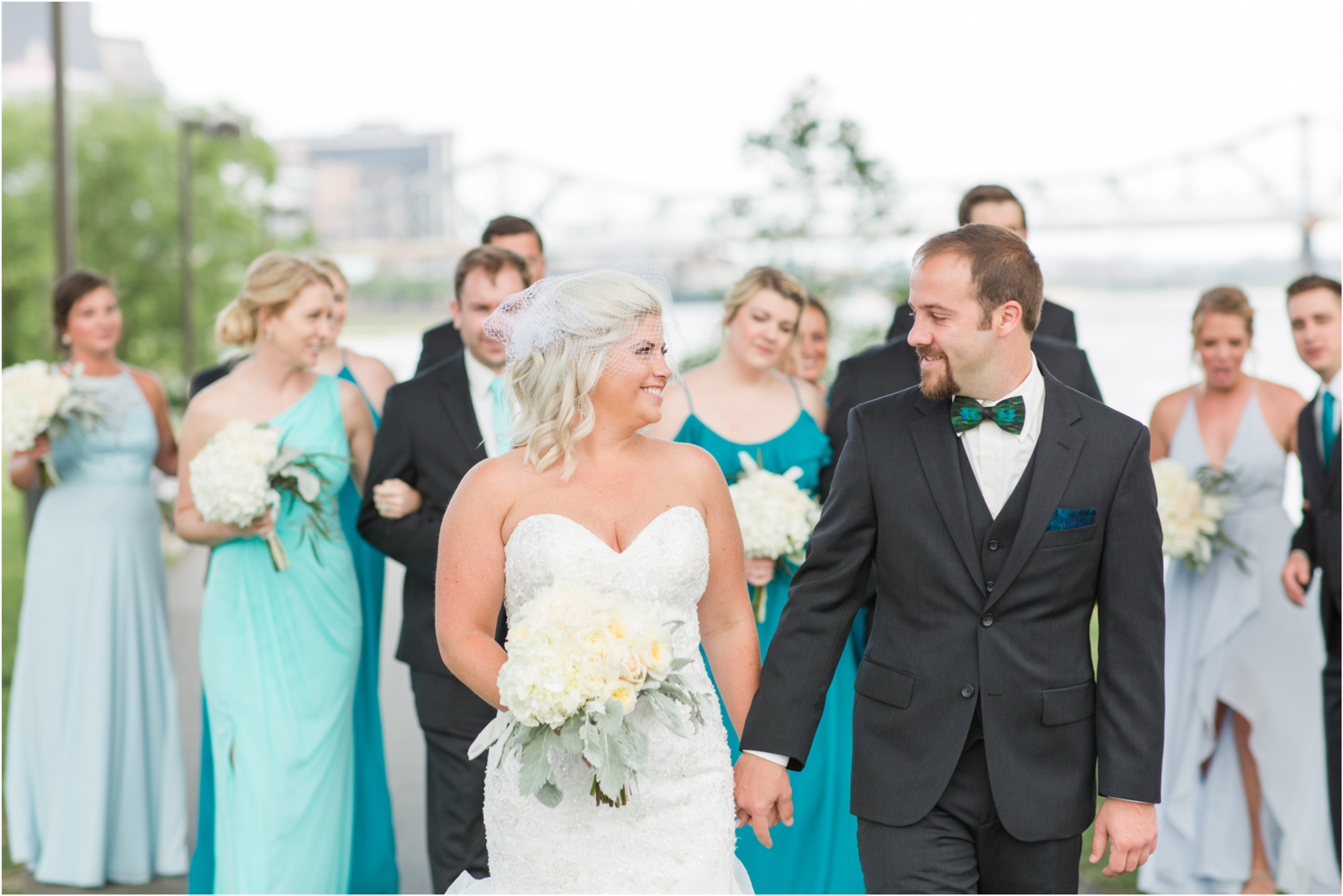 Waterfront Park Wedding Louisville Kentucky Teal and Blue Bridesmaids Dresses