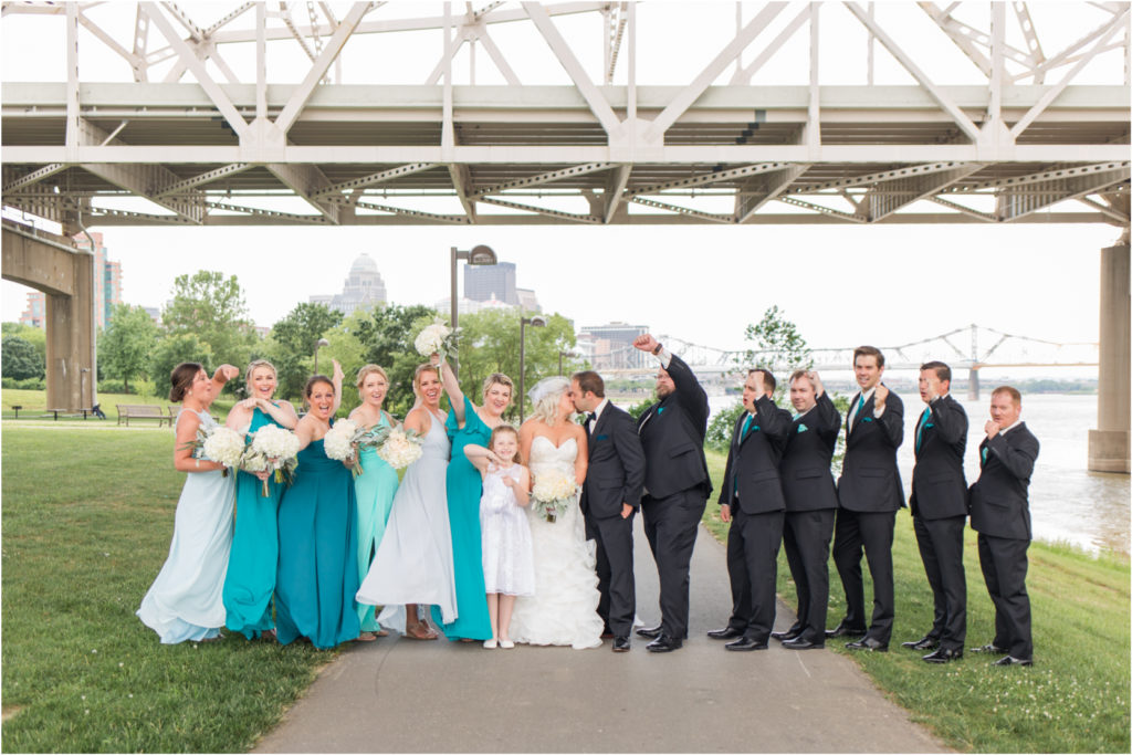 Waterfront Park Wedding Louisville Kentucky Teal and Blue Bridesmaids Dresses
