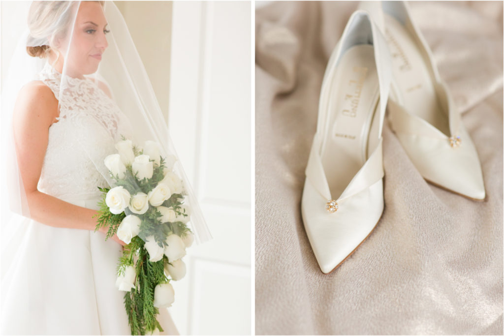 bride wedding shoes and greenery bouquet