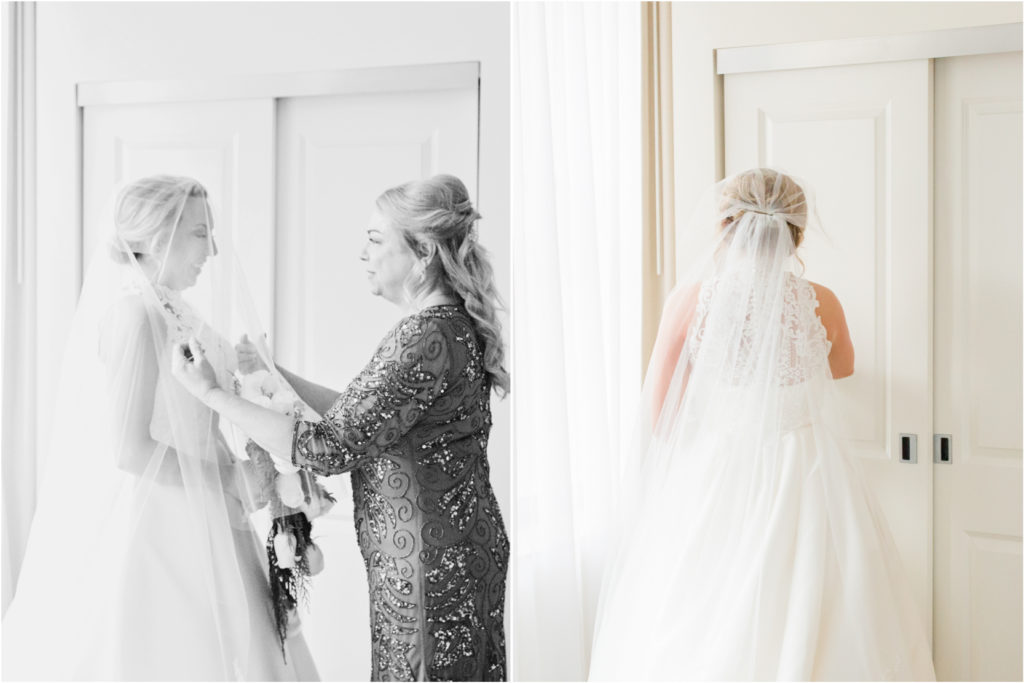 mom and daughter getting ready on wedding day