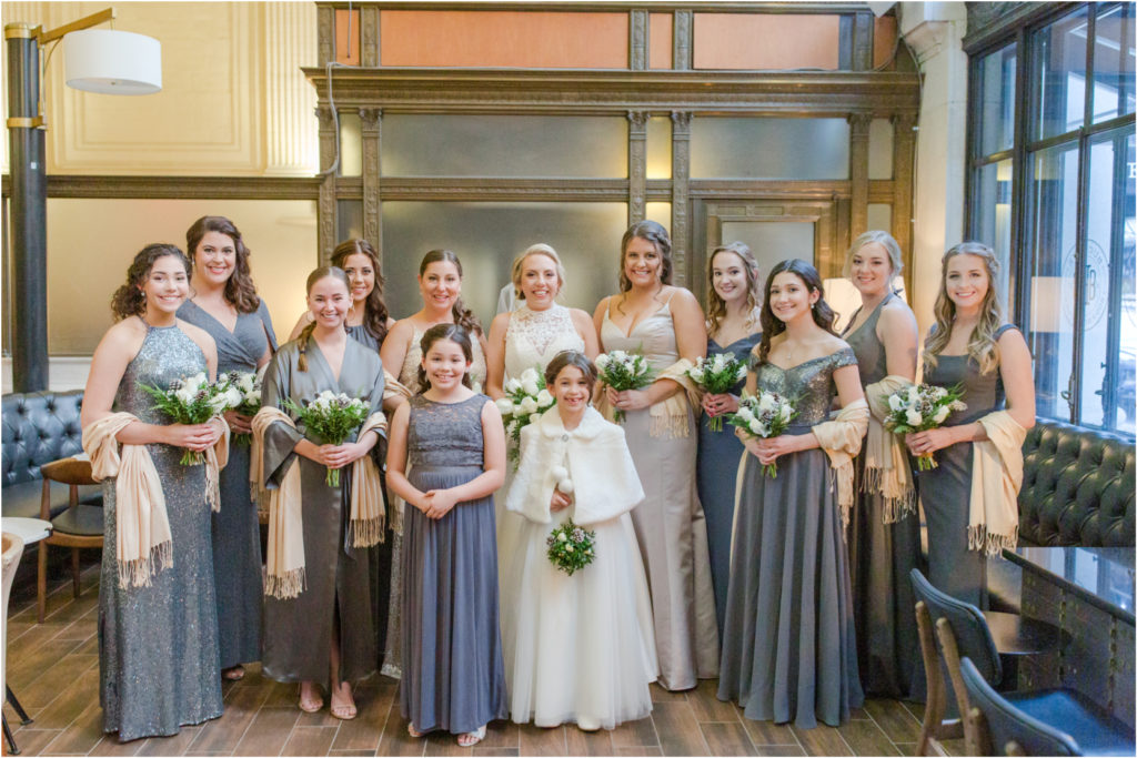 Bridesmaids group picture gray and gold