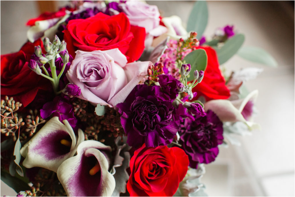 red and purple winter wedding flowers