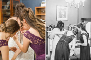 bridesmaids help get bride dressed